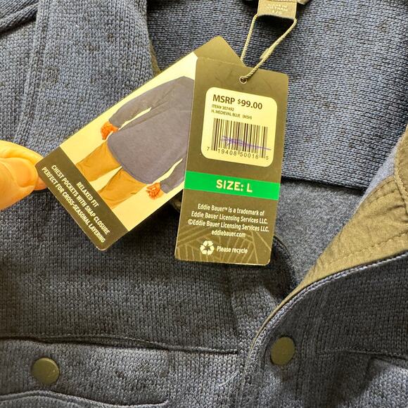 Eddie Bauer Shacket Mens Large Blue Sweater Fleece Shirt Jacket Snap Up NEW - Picture 4 of 8